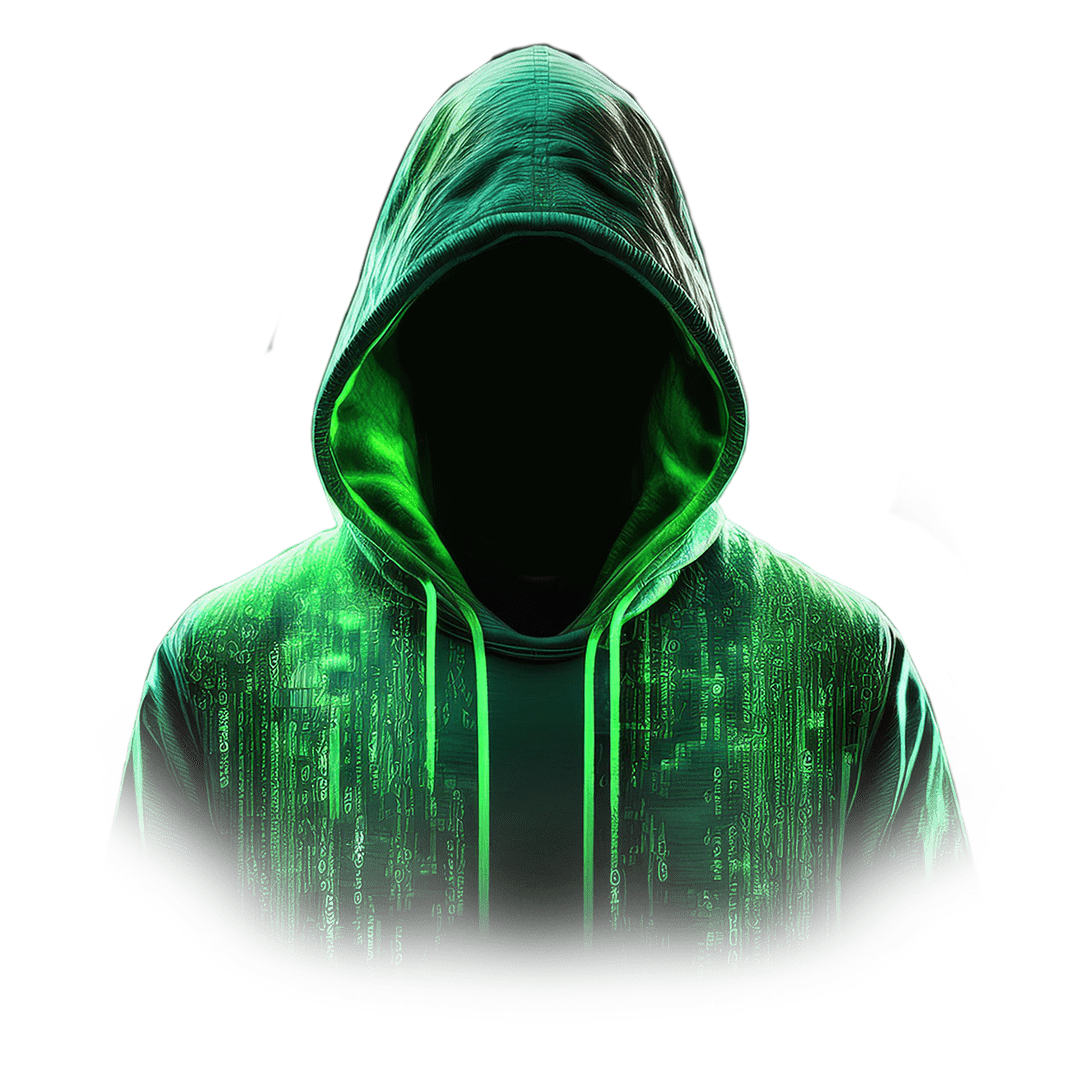 A hacker portrait wearing a green hoodie